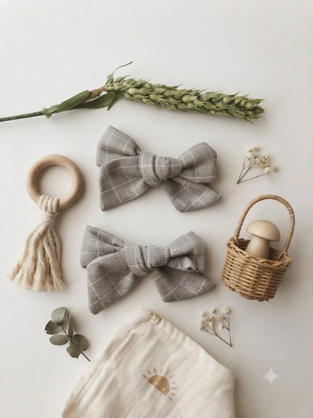 Handmade Grey Grid Bow Hair Clips Set Neutral Boho Hair Accessories
